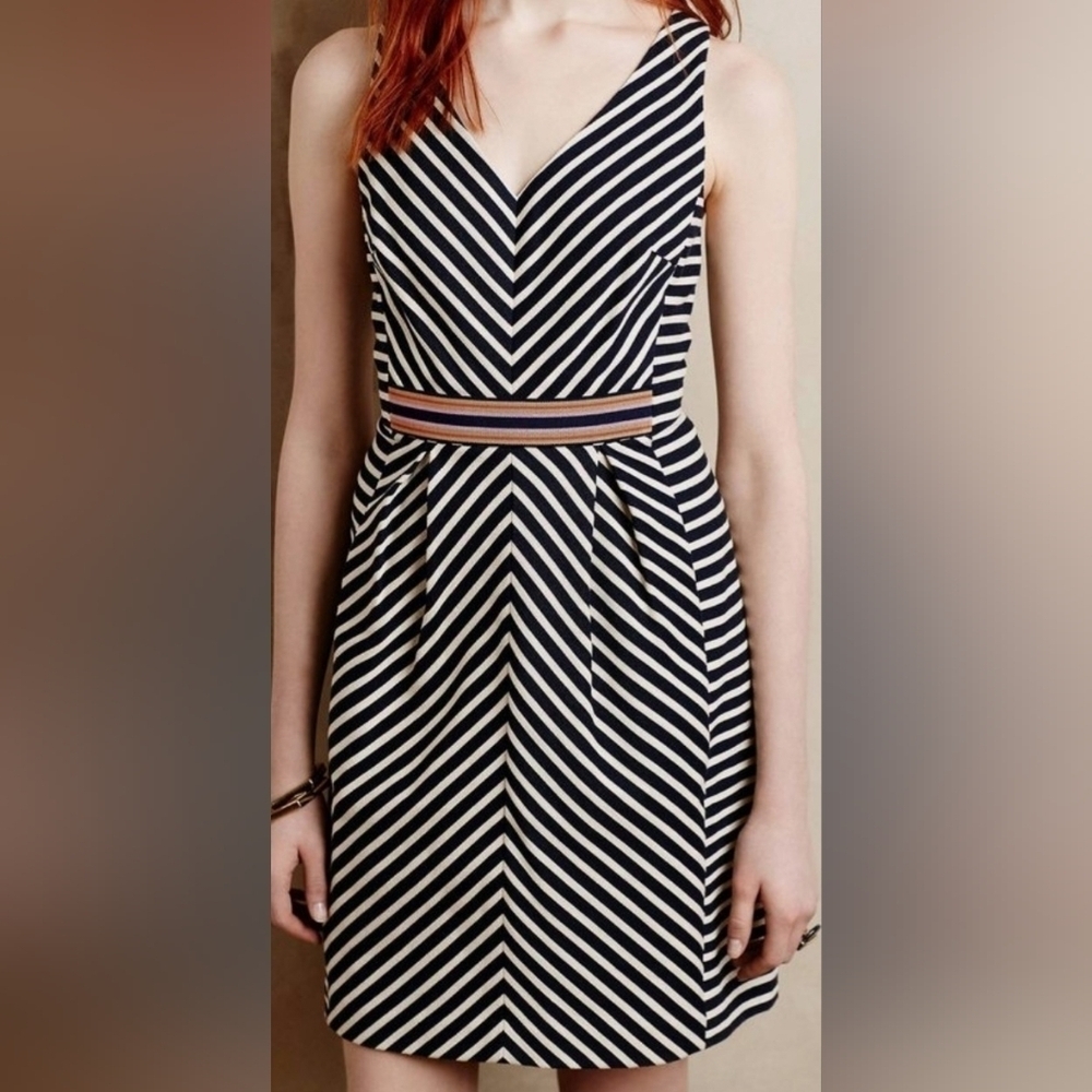 Anthropologie Maeve Navy & Cream Striped V-Neck Multi Color Waistband-Size 4P